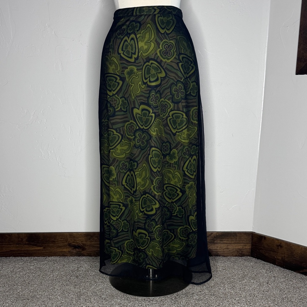 Unique Floral Maxi Skirt Green Print with a  Black Sheer Layer